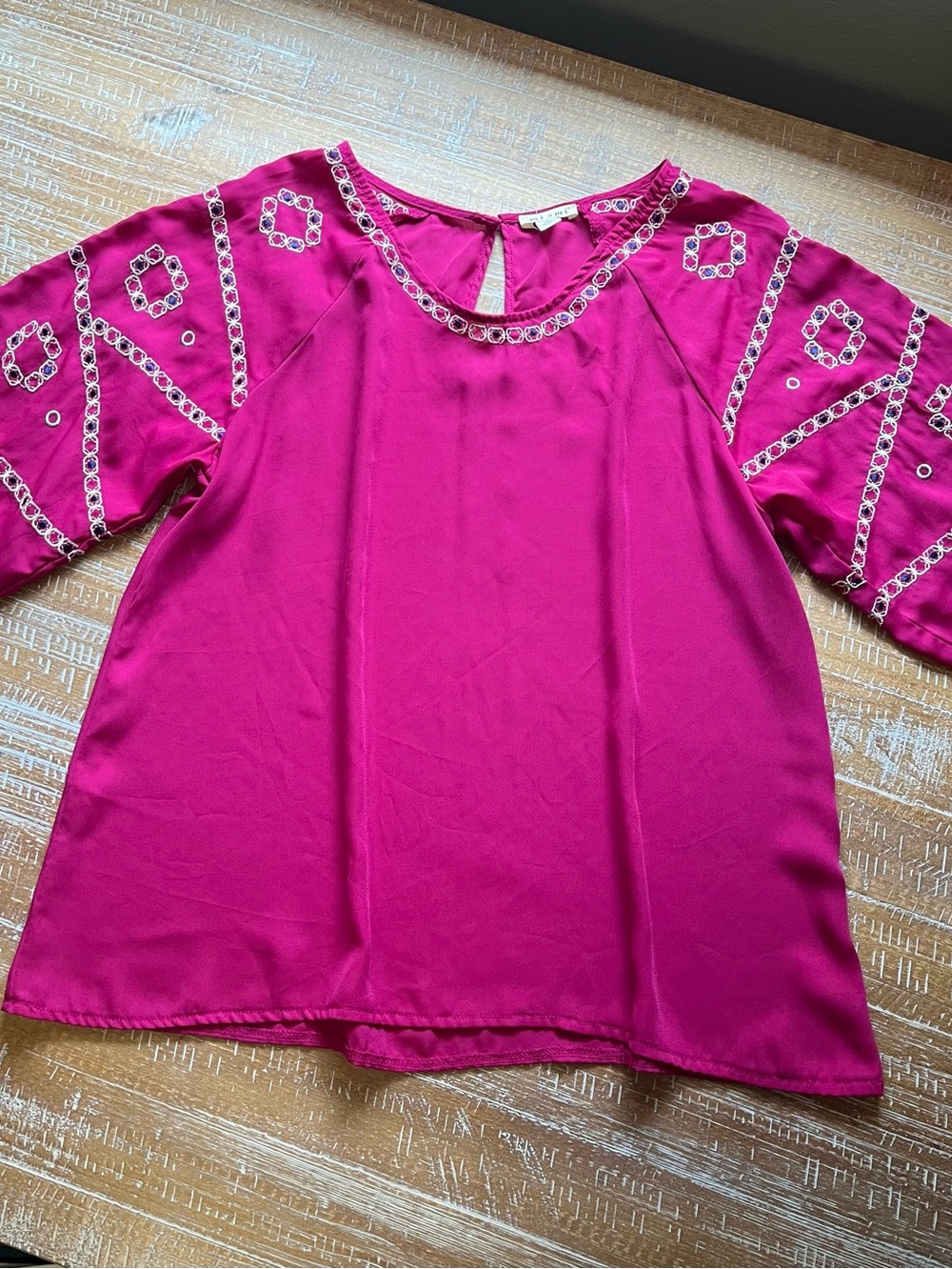 miami Fuchsia Embroidered 3/4 sleeve and Neckline Blouse